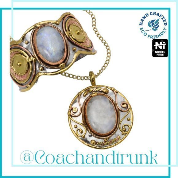 New With Tags Artisan Crafted Natural Moonstone Necklace and Cuff Bracelet SET - Picture 1 of 14